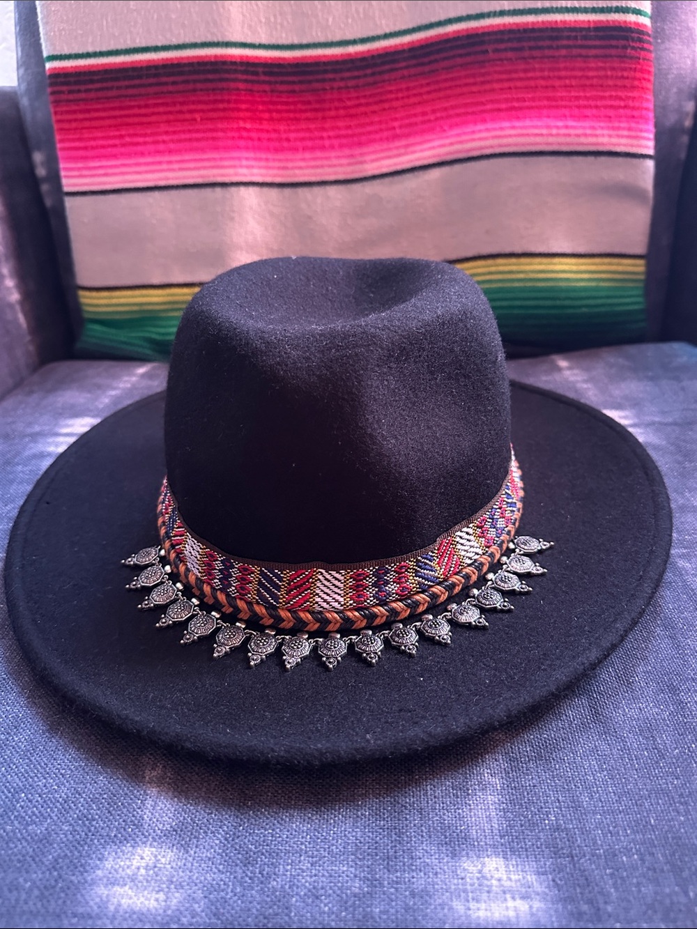 Zara 100% Wool Black Wide-Brim Hat  Multicolor Woven Band and Silver Charm Trim